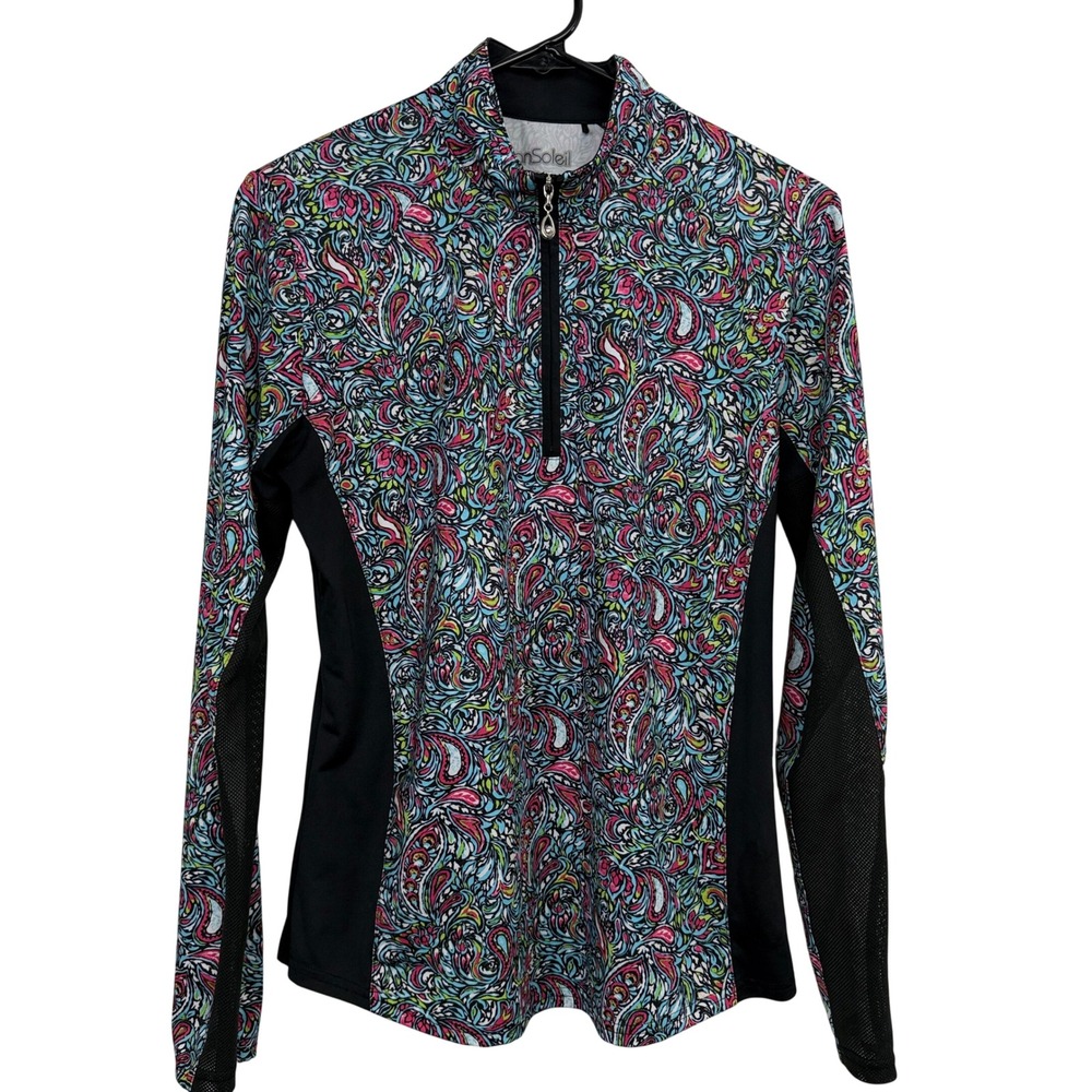 SanSoleil Top Womens Small Multi Paisley SolCool Mock Neck UV 50 Cooling Zip